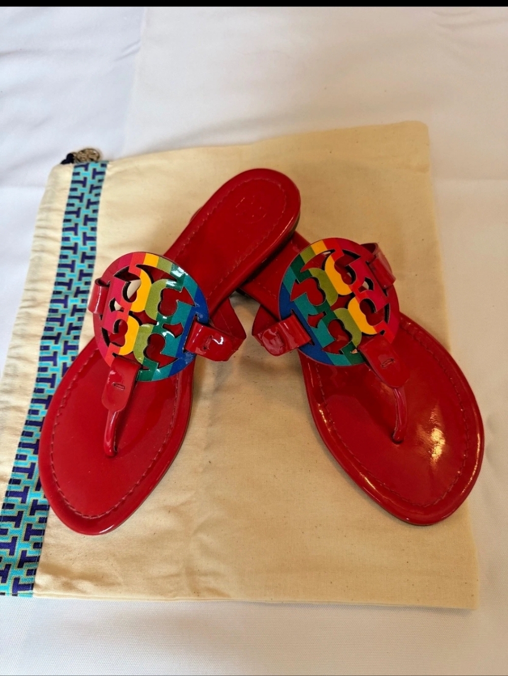 Tory Burch Red Patent Leather Rainbow Miller Medallion Sandals